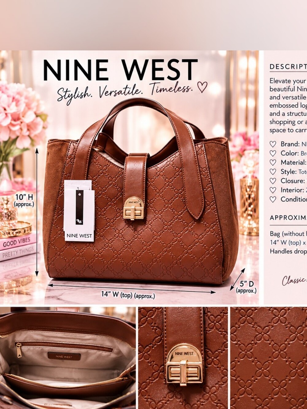 NINE WEST Cognac Embossed Tote with Gold Turn-Lock